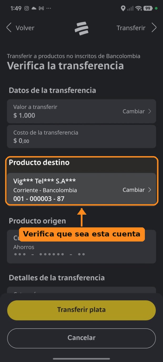 Pantalla de verificación de Bancolombia mostrando el producto destino: Vigui Telecomunicaciones S.A.S, cuenta corriente 001-000003-87.