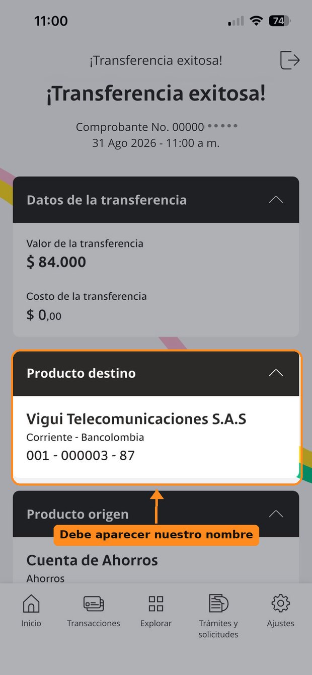 Comprobante de transferencia exitosa de Bancolombia a nombre de Vigui Telecomunicaciones S.A.S.